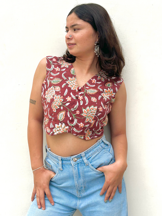 Maroon Floral Handblock Printed Sleeveless Cotton Crop Top