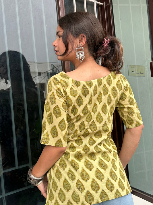 Olive Green Leaf Motif Handblock Printed Cotton Kurti