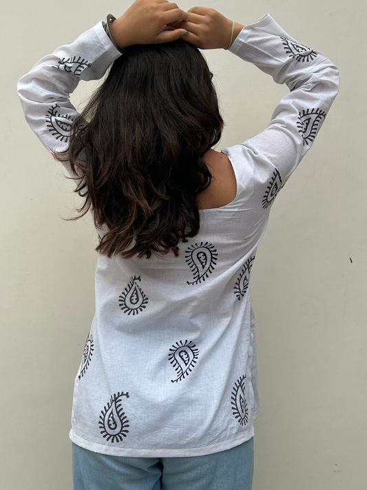 White Handblock Printed Cotton Kurti with Full Sleeves