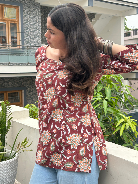 Maroon Floral Handblock Printed Cotton Kurti