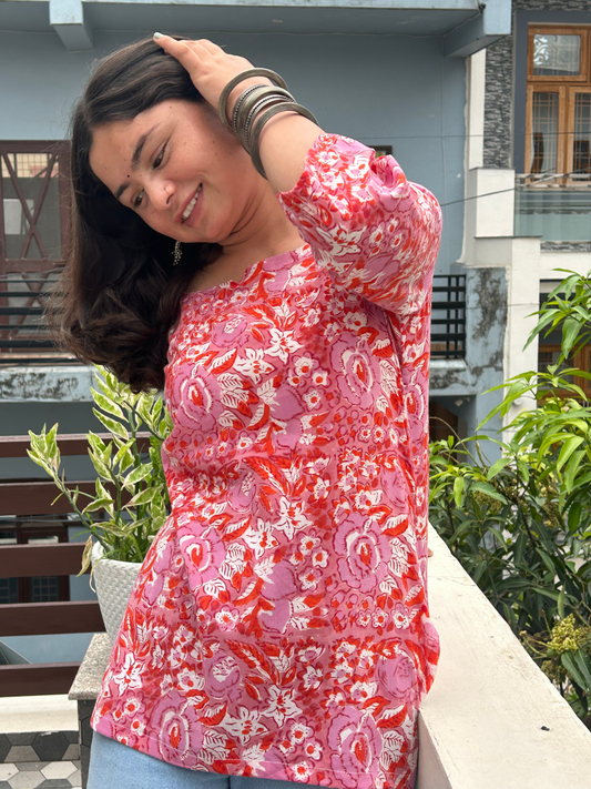 Pink & Red Floral Handblock Printed Cotton Kurti