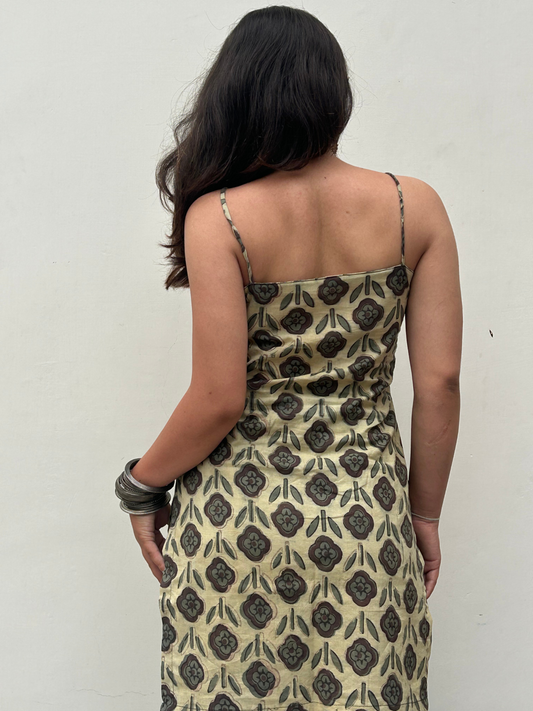Beige & Olive Handblock Print Sleeveless Cotton Kurti
