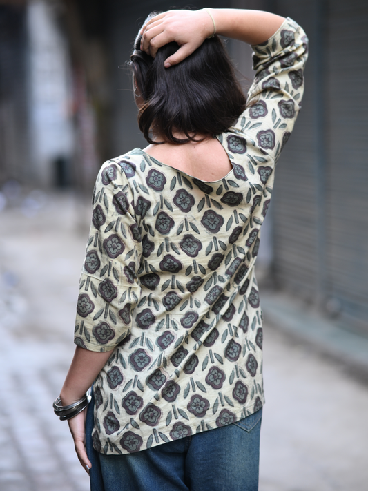 Beige & Olive Geometric Handblock Printed Cotton Kurti
