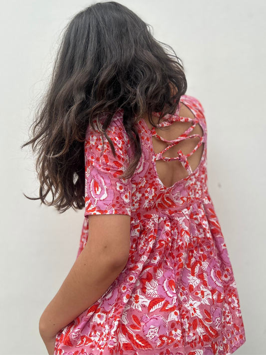 Pink & Red Handblock Floral Cotton Top