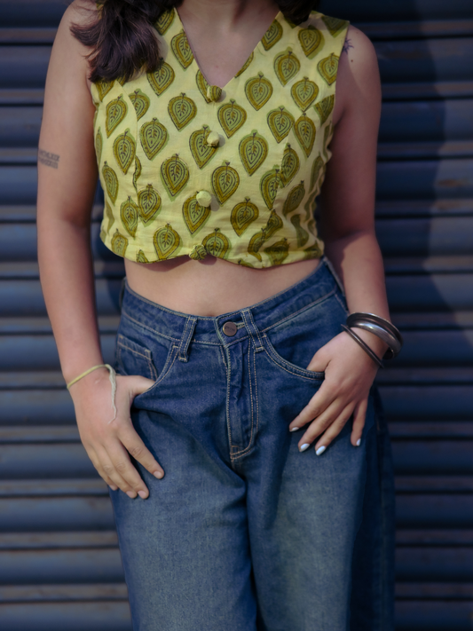 Olive Green Handblock Printed Sleeveless Crop Top