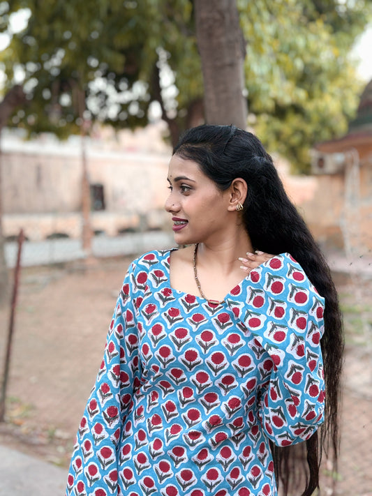 Hand Block Printed Cotton Bell Sleeve Short Kurti | Hand Block Short Kurti