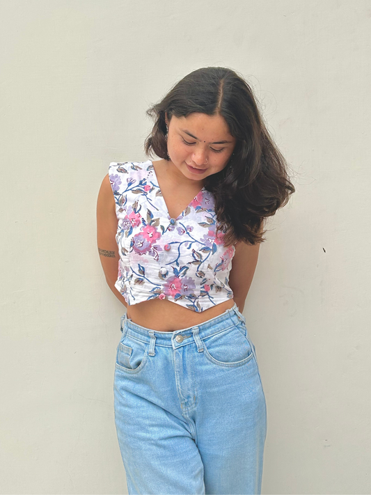 White Floral Sleeveless Cotton Crop Top
