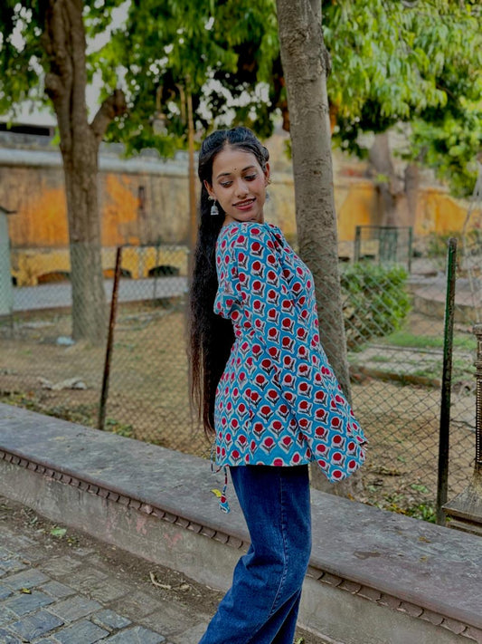 Hand Block Printed Cotton Bell Sleeve Short Kurti | Hand Block Short Kurti