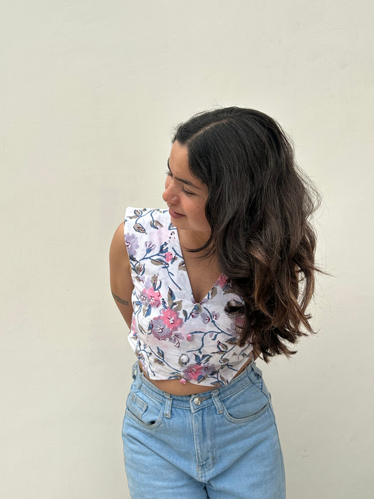 White Floral Sleeveless Cotton Crop Top