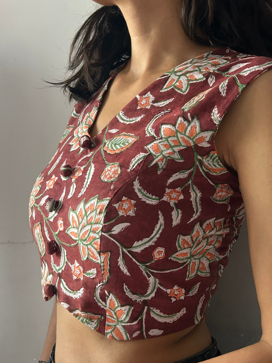 Maroon Floral Handblock Printed Sleeveless Cotton Crop Top
