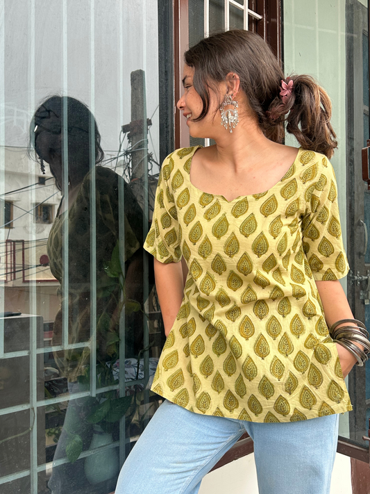 Olive Green Leaf Motif Handblock Printed Cotton Kurti