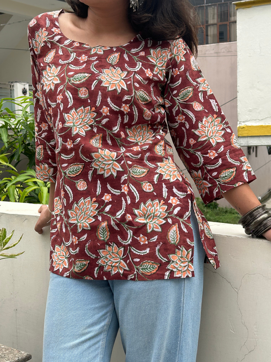 Maroon Floral Handblock Printed Cotton Kurti