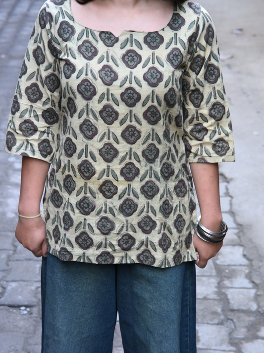 Beige & Olive Geometric Handblock Printed Cotton Kurti