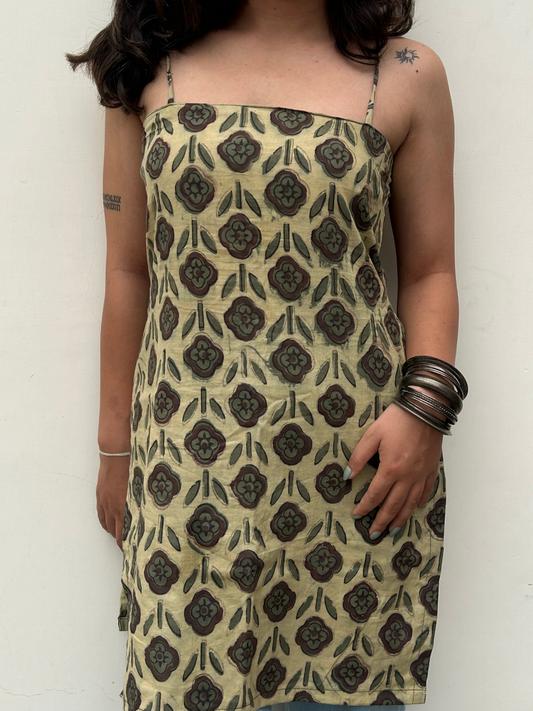 Beige & Olive Handblock Print Sleeveless Cotton Kurti