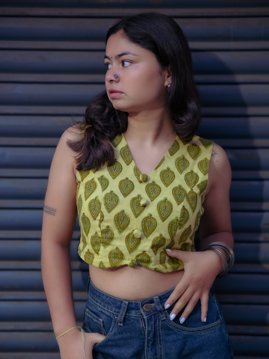 Olive Green Handblock Printed Sleeveless Crop Top